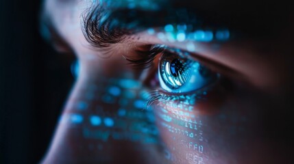 A compelling extreme close-up unveils a person's face, radiating comprehension and awareness amidst cybersecurity training, underscoring the pivotal human element in safeguarding digital security. - obrazy, fototapety, plakaty