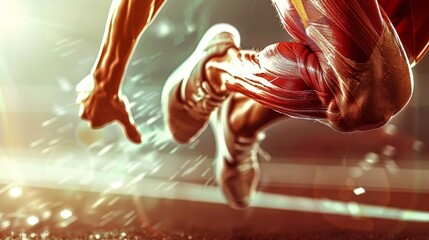 An extreme close-up reveals the taut muscles of a runner in full stride, underscoring the raw power and physical dedication essential in competitive track sports. - obrazy, fototapety, plakaty