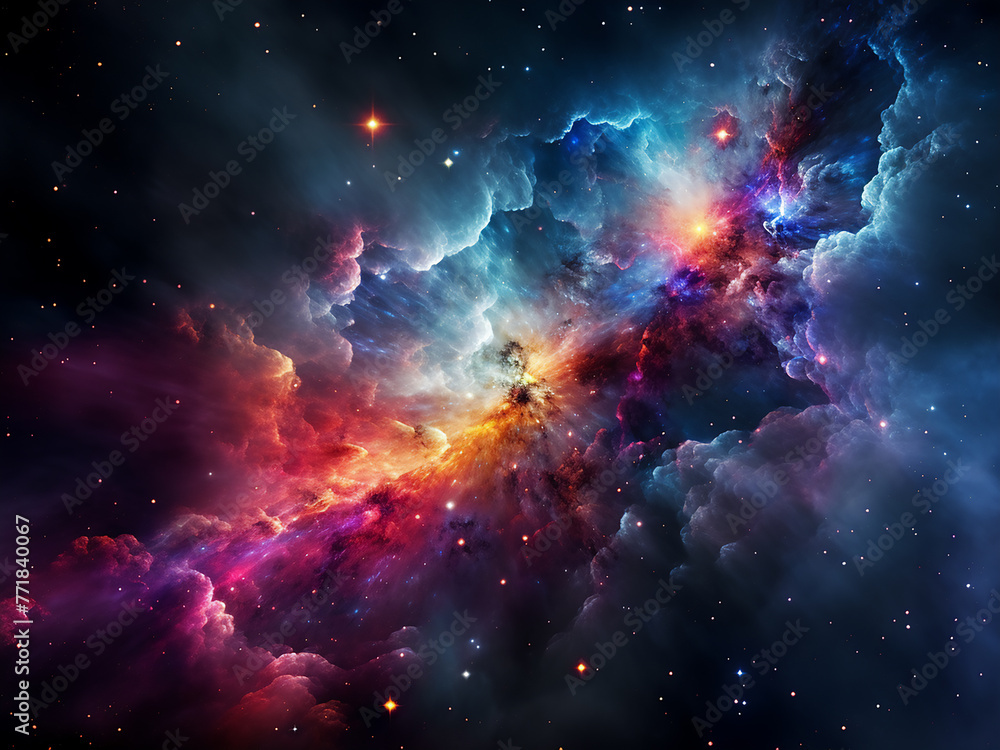 Poster digital drawing showcases a colorful nebula filled with density glowing particles.