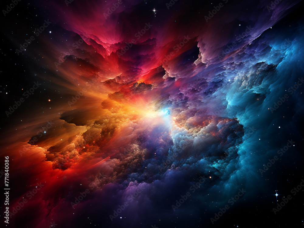 Poster 3d rendering brings to life a colorful nebula with glowing particles.