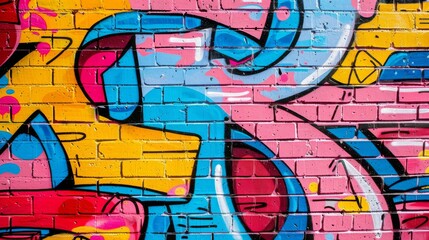 A mesmerizing extreme close-up unveils the intricate details of pop art graffiti embellishing a brick wall, exuding a fusion of urban chic and modernistic charm.