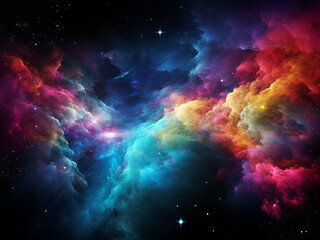 Fototapeta na wymiar Digital drawing reveals a colorful nebula filled with glowing particles.