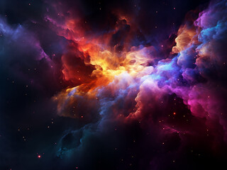 3D rendering showcases a colorful nebula with glowing particles. - obrazy, fototapety, plakaty
