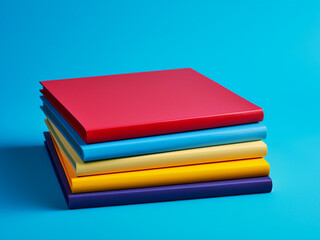 Colorful notebooks add a lively touch to the blue background.