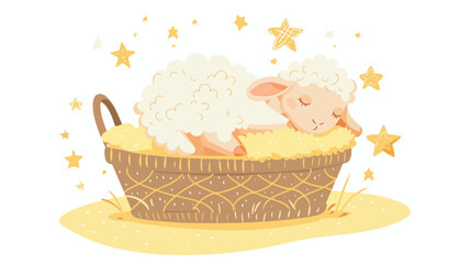 Cute baby lamb sleeps in a basket with stars. Boho