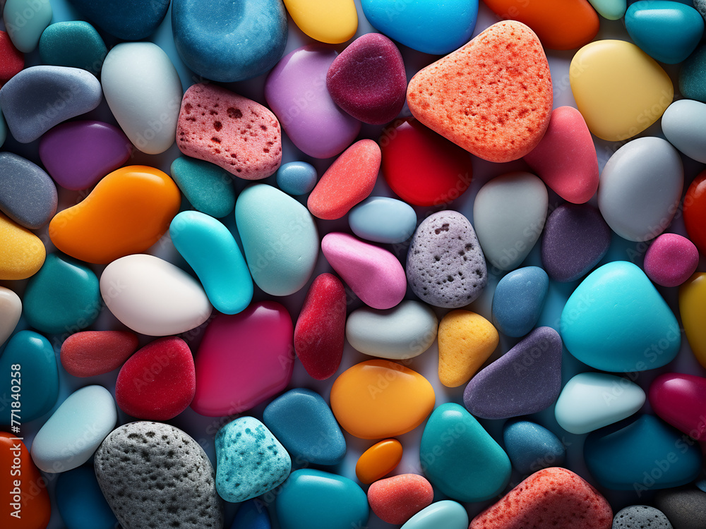Poster 3d rendering presents an abstract background of vibrant pebbles.