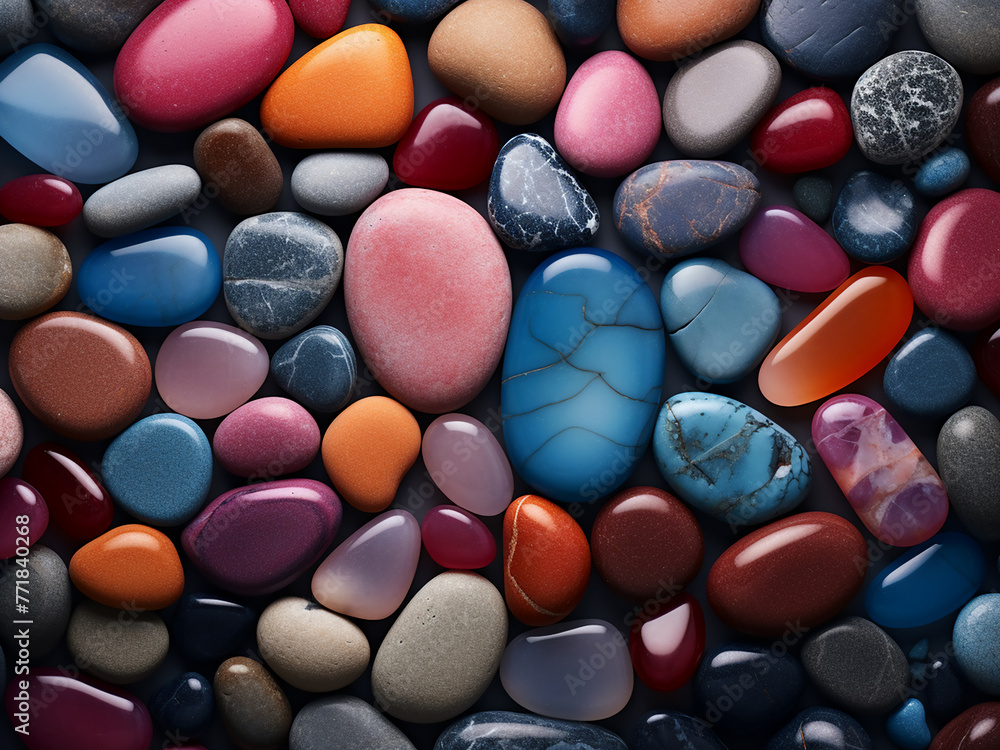 Poster abstract background showcases colorful pebbles in 3d render.