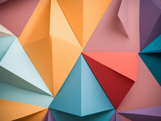 Vibrant geometric shapes stand out against the pastel paper background.