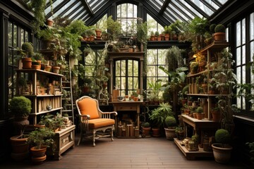 Fototapeta na wymiar A greenhouse-like space with lush potted plants that represent a harmonious connection with nature.
