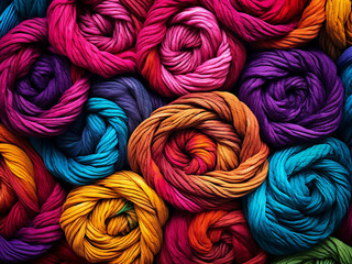 Woolen yarn twirls create a textured, colorful fabric.