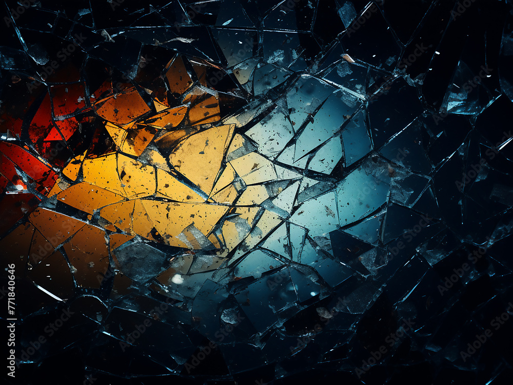 Poster digital noise pattern overlays crushed glass surface with stains and scratches.
