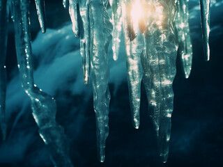 Icicles backdrop features dark blue-green hues in close-up. - obrazy, fototapety, plakaty