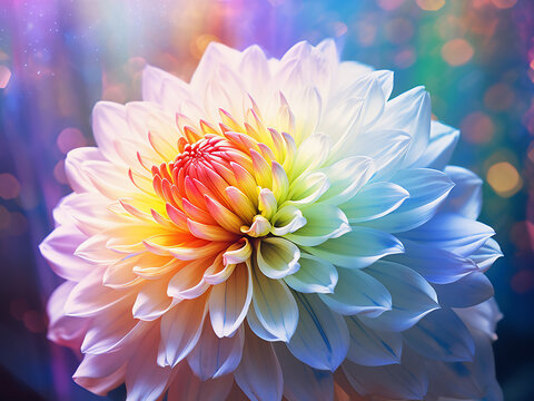 Dahlia flower stands out on a rainbow spiral backdrop.