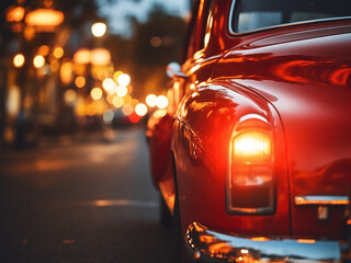 Softly blurred car lights in the city form a romantic red shape in retro style. - obrazy, fototapety, plakaty