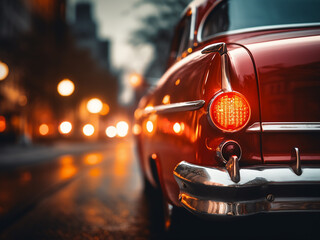 Retro charm envelops the cityscape as car lights blur into a love-shaped red form. - obrazy, fototapety, plakaty