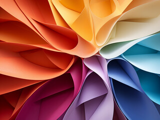 Close-up captures the vibrant hues of an origami pattern, formed by curved paper.