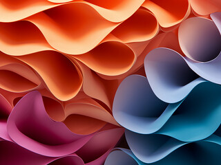 Macro shot reveals a colorful origami pattern crafted from curved paper sheets.