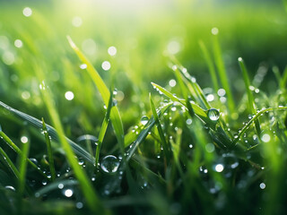 Dewdrops adorn the lush green grass, creating a serene and blurred natural scene.
