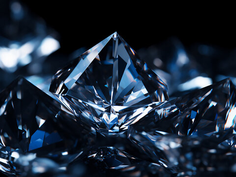 Detailed diamonds shine against a black background, defocused for abstraction.