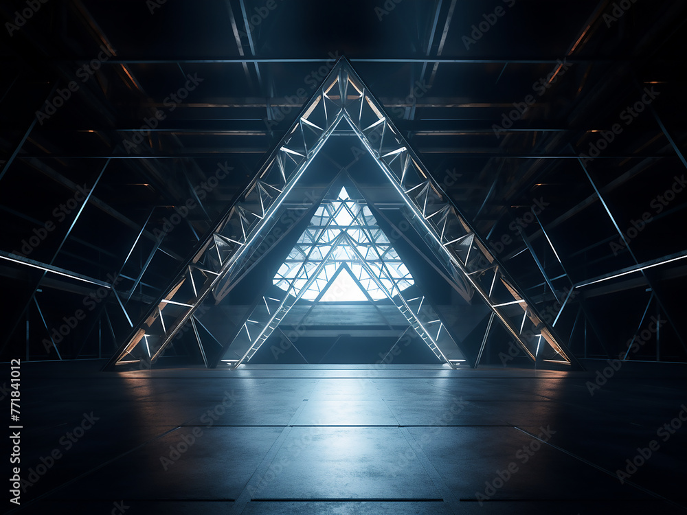 Poster digital drawing illustrates an empty building with geometric design.