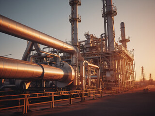 Oil refinery backdrop features industrial equipment and pipelines.