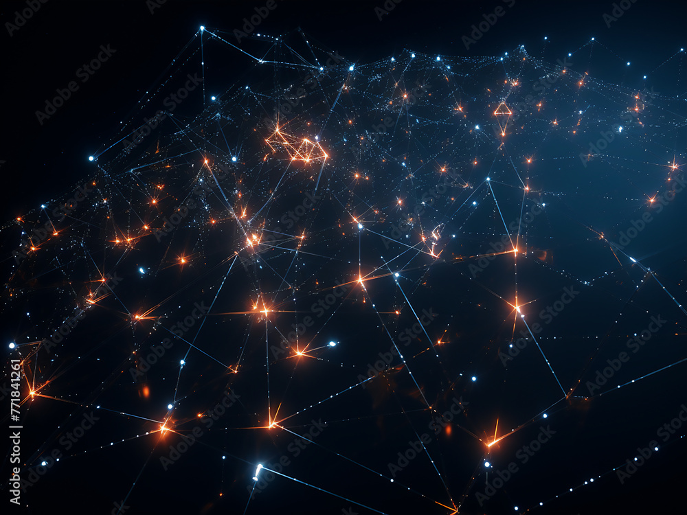 Poster engaging in a flight through interconnected nodes and dots, immersed in geometric abstraction.