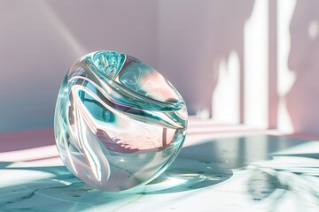 a glass spherical sculpture in a bright room