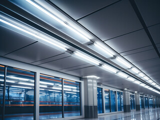 Rows of fluorescent lamps illuminate the sleek ceiling of a contemporary structure.