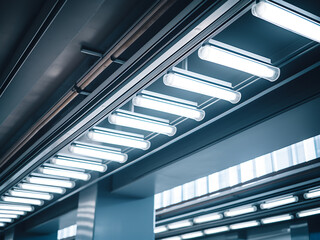Obraz premium Fluorescent lamps illuminate the sleek ceiling of a contemporary building.