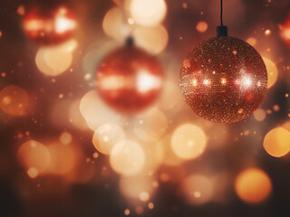 Festive backdrop featuring sparkling bulbs and blurred lights, perfect for holiday celebrations.