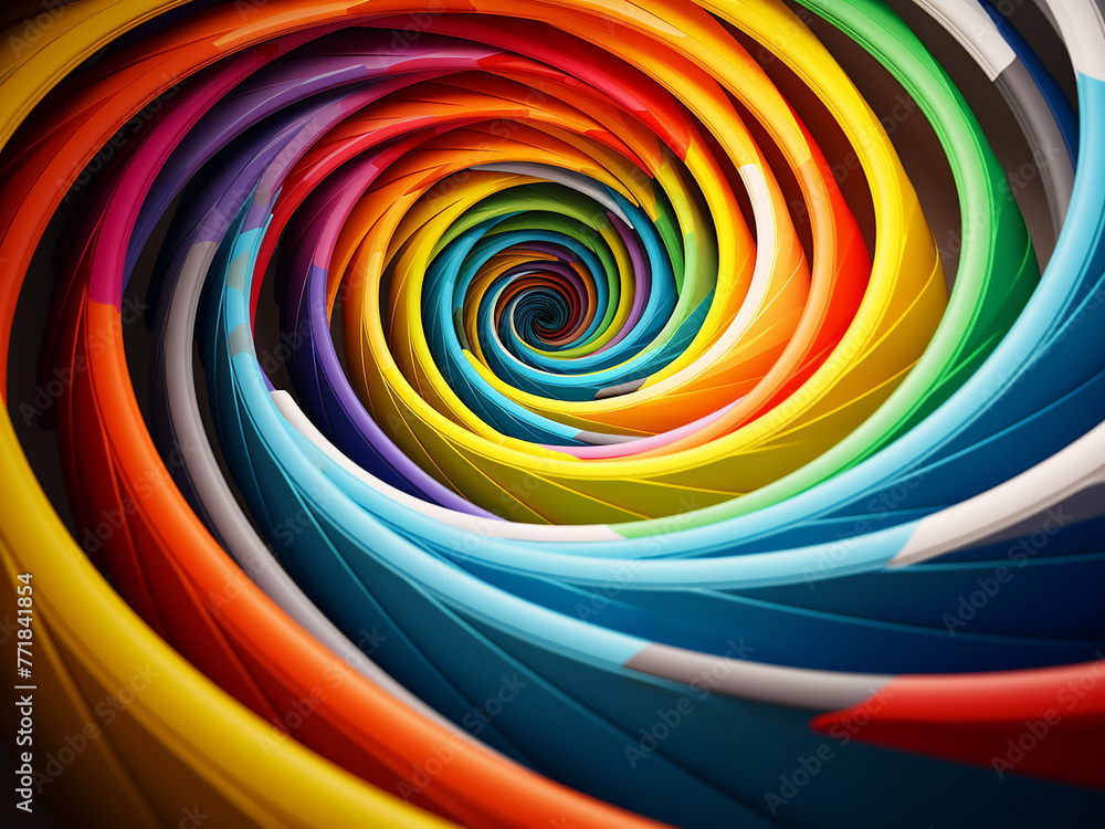 Poster abstract background features a hypnotic spiral pattern in various colors.