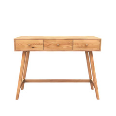Rectangular wooden desk with three drawers on transparent background