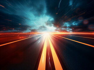 Car lights and sunset sky blend in a blurred highway abstract scene. - obrazy, fototapety, plakaty
