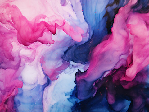 Abstract painting in black, pink, and blue created with alcohol inks.