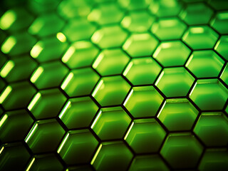 Abstract background features hexagonal light patterns in green.
