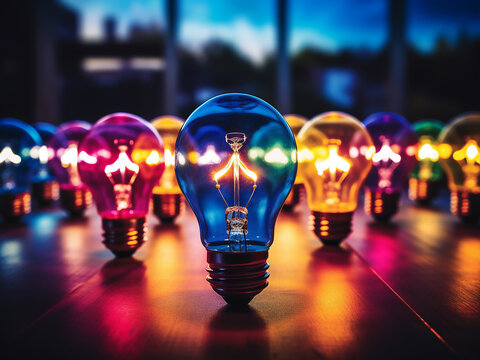 Colorful light bulbs create a blurred background.