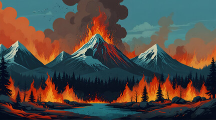 Climate change recolor set of forest fires volcanic eruption melting glaciers protesting peopl.generative.ai - obrazy, fototapety, plakaty