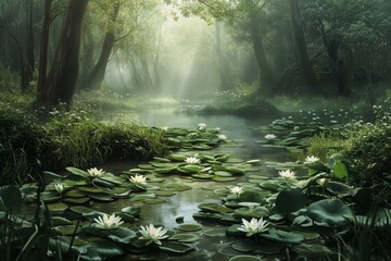 View of a pond in a fantasy forest with some water lilly flowers. - obrazy, fototapety, plakaty