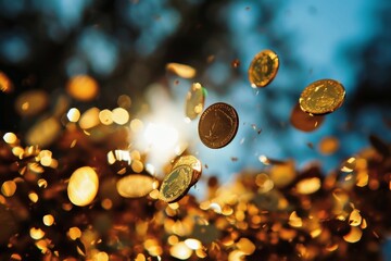Gold coins raining from the sky.