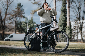Fototapeta na wymiar Outdoor leisure activity captured with an individual taking a break from cycling in a serene park setting, complete with a bike and safety gear.