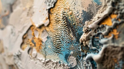 Extreme close-up of a mixed media masterpiece, revealing intricate details and textures for captivating wallpaper designs.