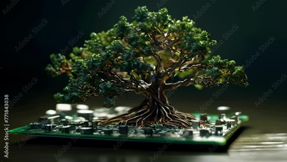 Poster green natural eco-friendly tree and computer technology on an abstract high-tech futuristic backgrou