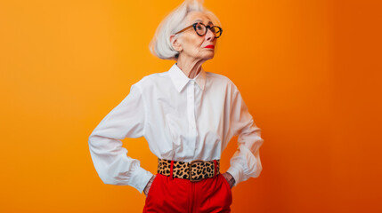 Old woman with white hair with round glasses wearing white blouse, red pants and leopard print belt standing isolated over orange background.