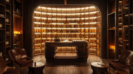 A modern whiskey tasting room, the whole room is round, vertical dark wood accents, accent lighting, rounded corners - obrazy, fototapety, plakaty