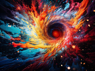 Acrylic painting showcases vibrant colors in chaotic galaxy explosion.