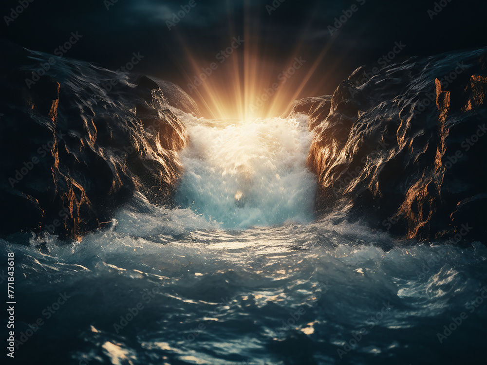 Poster waterfall cascades with illuminated reflections in flowing waves.