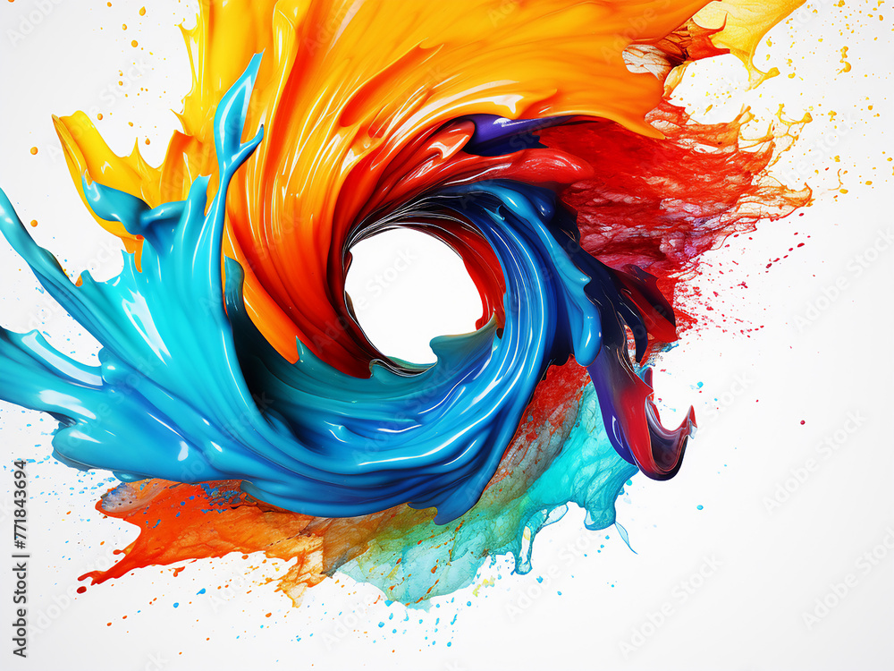 Poster colored ink forms dynamic whirlwind on white surface.