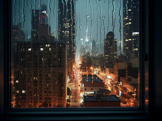 Night city serves as backdrop through wet window.