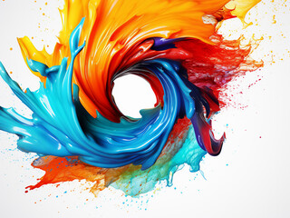 Colored ink forms dynamic whirlwind on white surface.