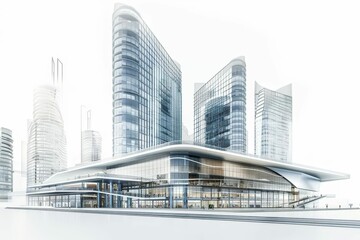 Futuristic city shopping mall with high-rise buildings and glass facades, modern architectural 3D rendering, white background - obrazy, fototapety, plakaty